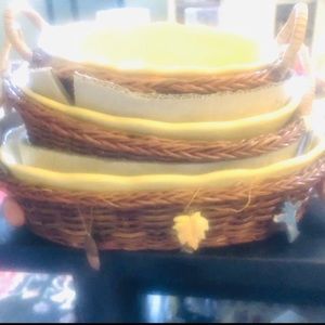 Vintage 3 Piece Spinnaker Harvest Oval Baking Casserole Dish w/ Wicker Baskets